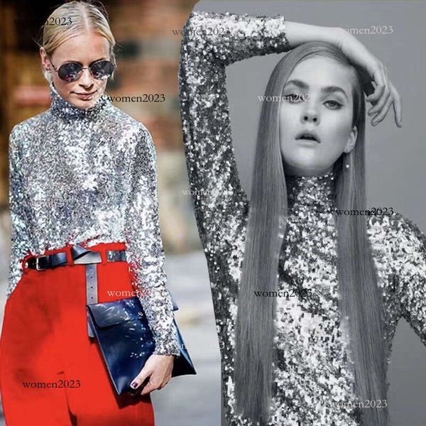 2024 New Women&#039;s Underlay High Collar Versatile Style Sequin Long sleeved Top pullover Fashion sequins shirt