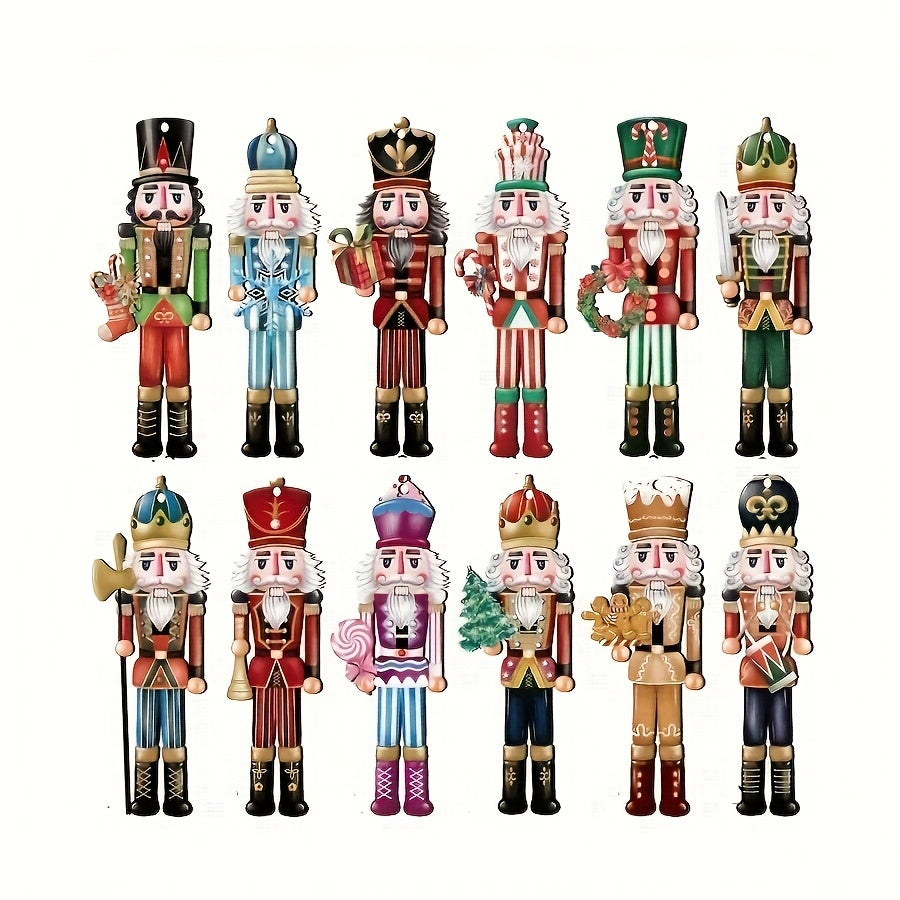 TEMU 12pcs Classic Christmas Nutcracker Decorations - Artificial Wood Hanging Figurines With 12 Unique Uniform Designs, Vibrant Colors & Intricate