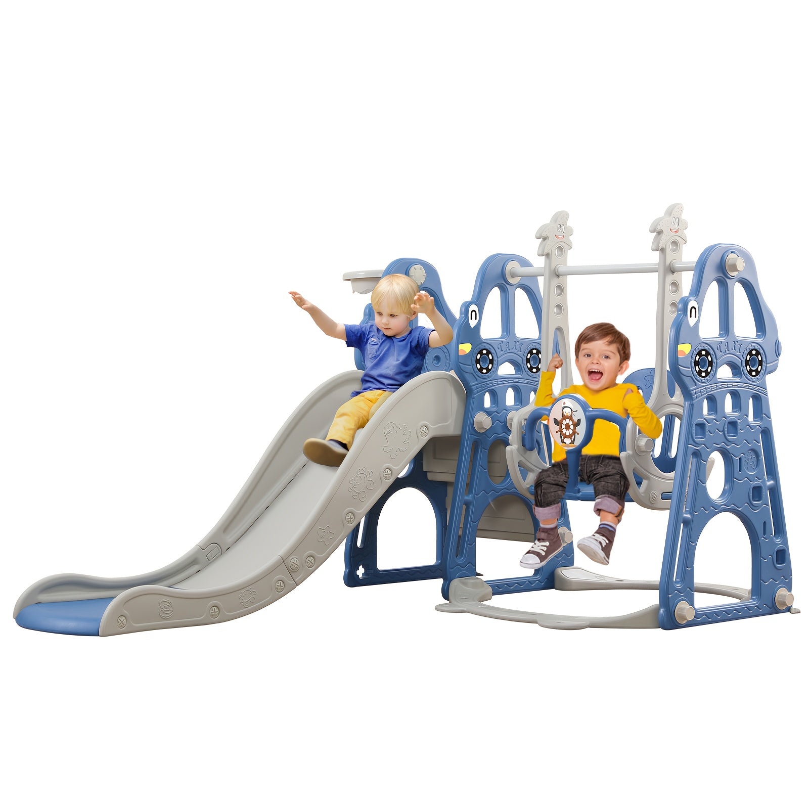 TEMU Slide And Swing Set 4in 1 Playground With Swing Slide Climber And Basketball Slide For Boys And Girls Backyard Playsets Indoor And Outdoor White