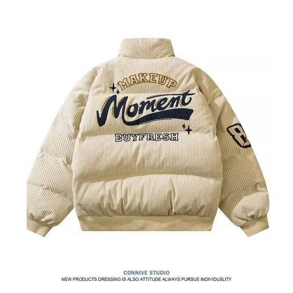 Men&#039;s Down Parkas Vintage Corduroy Winter Embroidery Stand Collar Cotton-padded Jacket Loose-fit Puffer Jacket Trendy Brand For Men Wom