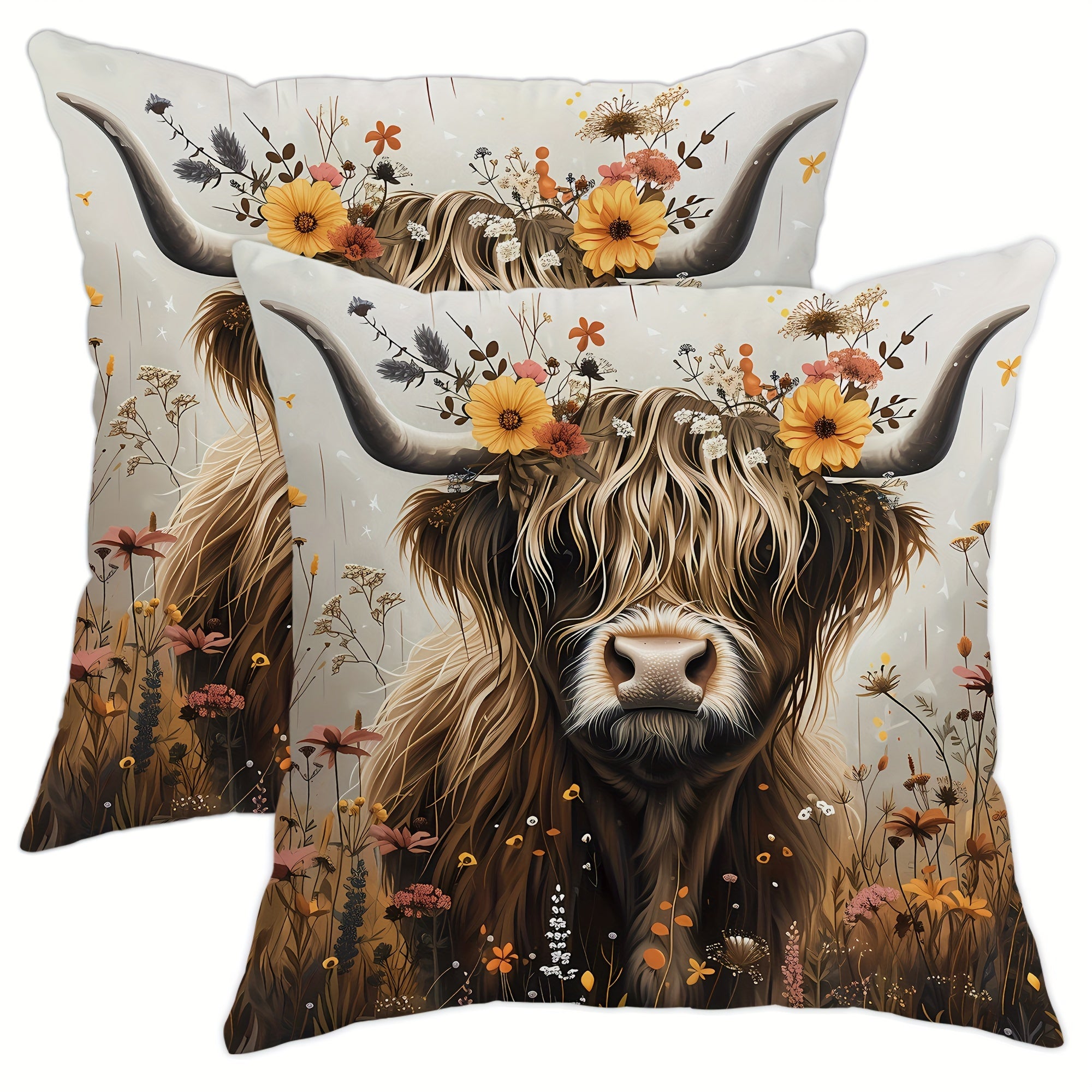 TEMU 2pcs Highland Cow Plant Flower Brown Short Plush Pillow Cover, Farmhouse Animal Simple Natural Pillow Cover, Decorative Cushion Cover