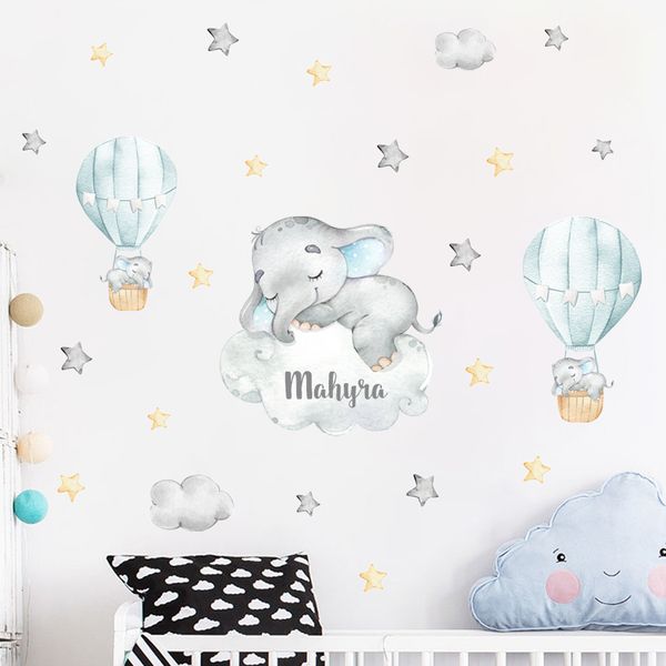 Party Decoration Cartoon Bear Air Balloon Clouds Gray Blue Custom Name Wall Stickers Watercolor Nursery Vinyl Decals for Kids Room Decor 230