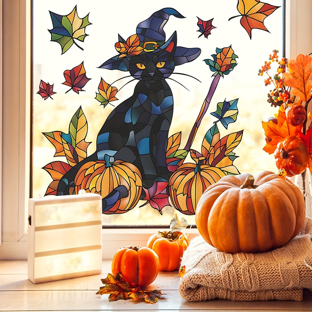 TEMU Festive Halloween Wall Decal: Black Cat, Pumpkins, And Fall Leaves - 38cm X 15inch - Contemporary Design - Self-adhesive - Durable Vinyl -
