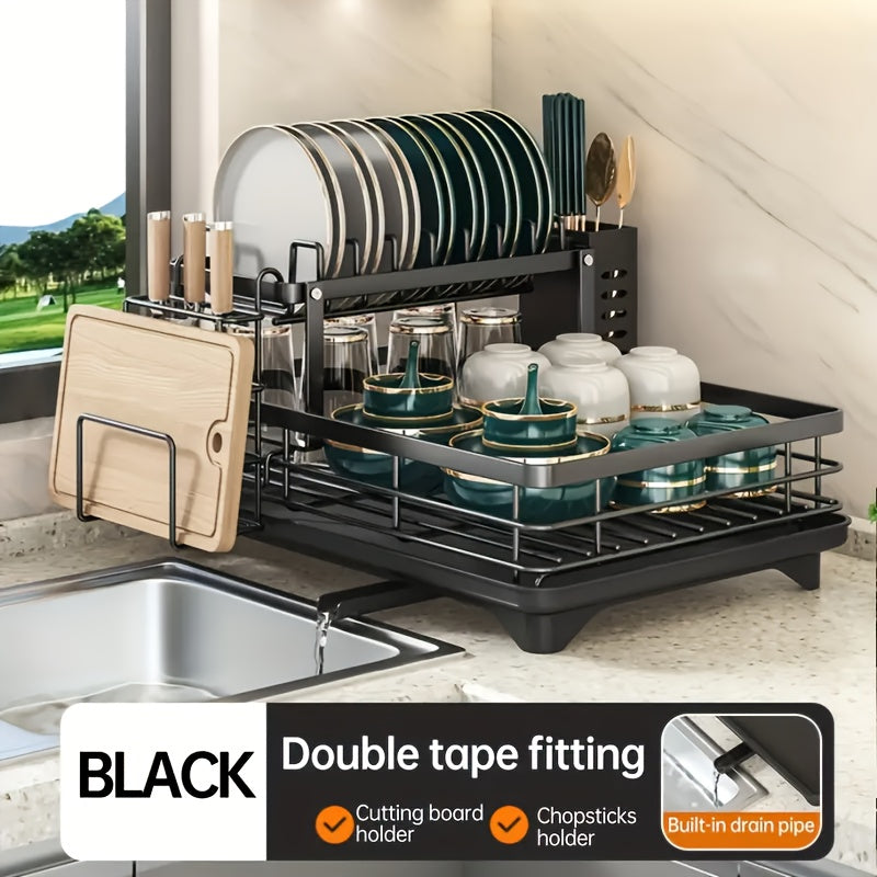 TEMU 2-tier Iron Dish Drying Rack With , Cutlery Holder, Knife & Glass Storage – Black Kitchen Countertop Organizer For Plates, Cups, And Utensils –