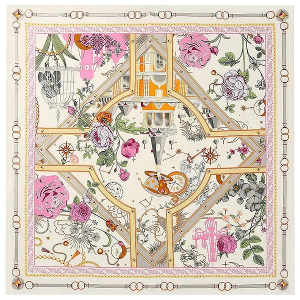 Scarves Silk Scarf Women Flowers Print Stoles Square Scarves Wraps Large Bandana Kerchief Hijabs Female Silk Foulards 130CM
