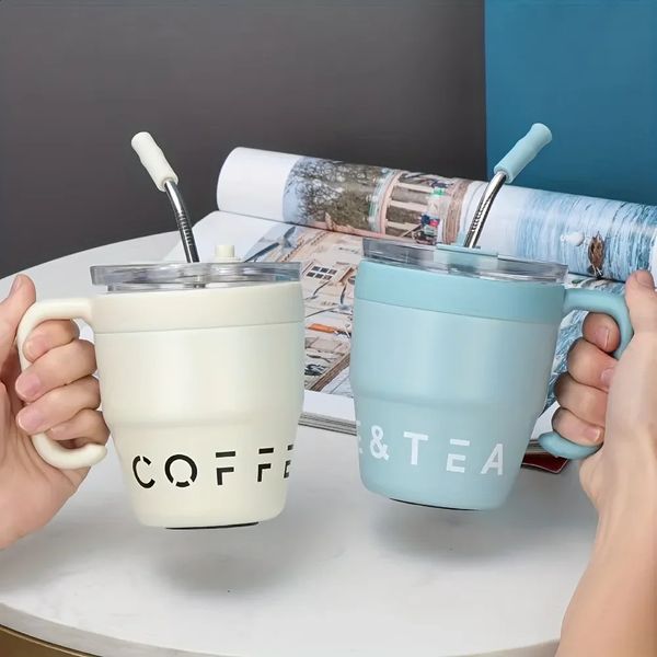 480ml Coffee Cup with Straw Lid Stainless Steel Thermos Mug for Cold Drinks Water Tea Milk Office Outdoor Portable Bottle 240828