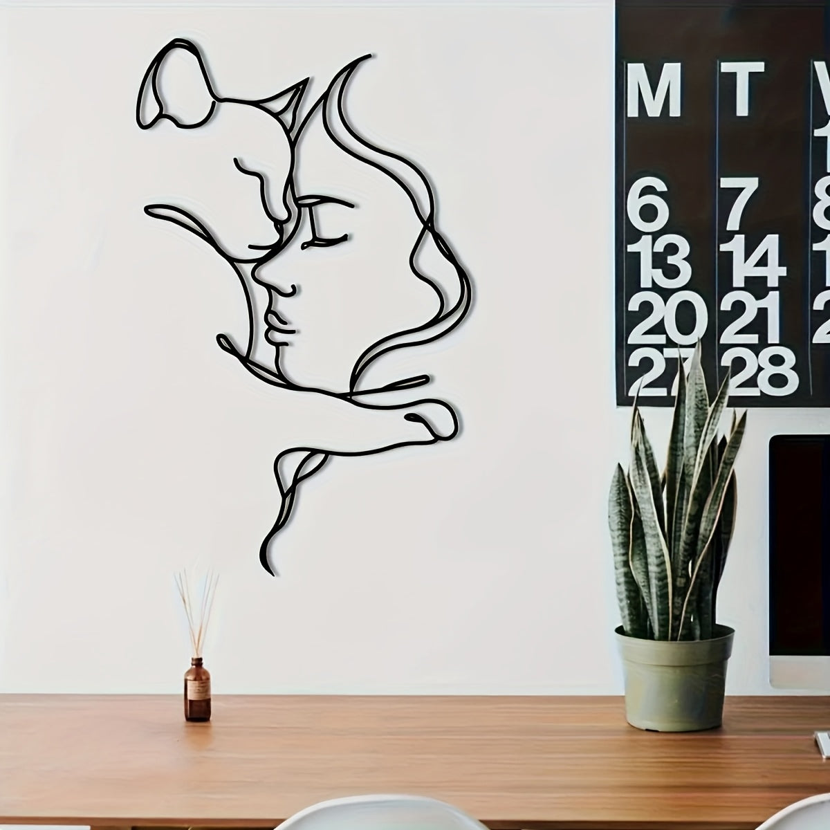 TEMU Minimalist Black & White Cat And Woman Line Art Metal Wall Decor - Elegant Female Face & Sleeping Cat Silhouette, Iron Vertical Wall Hanging For