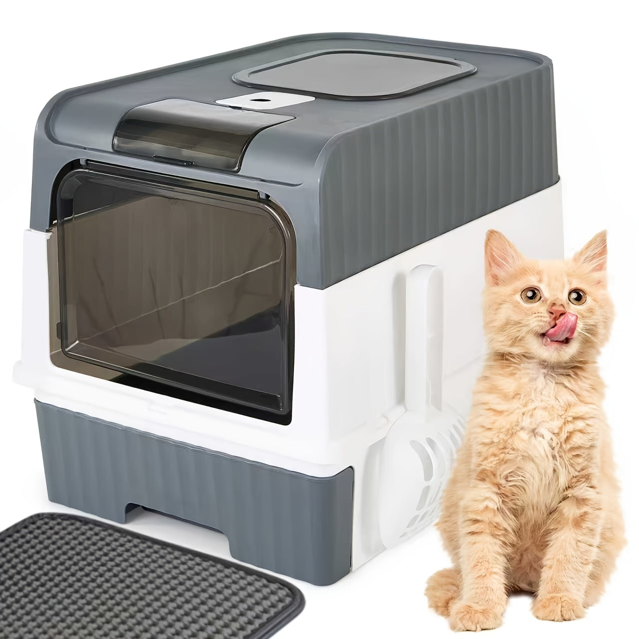 TEMU Cat Litter Box With Litter Mat And Scoop, Large Foldable Litter Box With Lid, Front Entry Top Exit Kitty Box, , Easy To Clean
