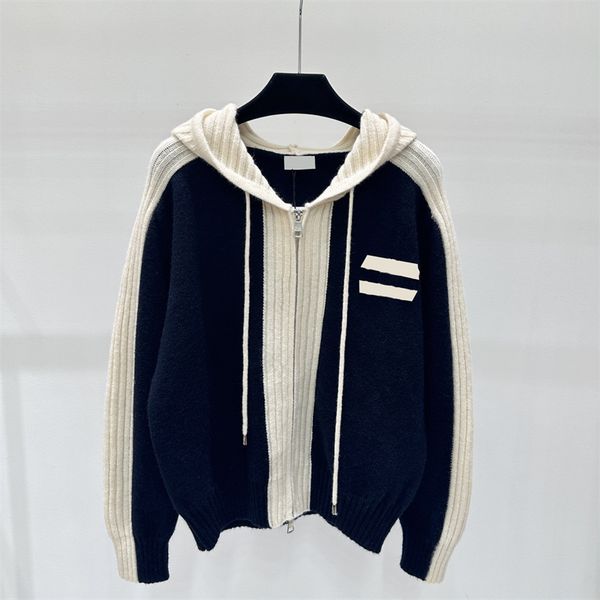 Embroidered Zipper Hooded Collar Knit Cardigan Women Autumn Long Sleeve Coats Casual Sweaters Tops