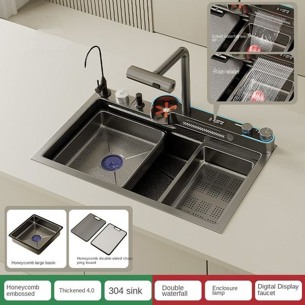 Kitchen Sinks 304 Stainless Steel Waterfall Large Single Slot Integrated Digital Display Faucet Set Soap Dispenser Cup Washer Button style k