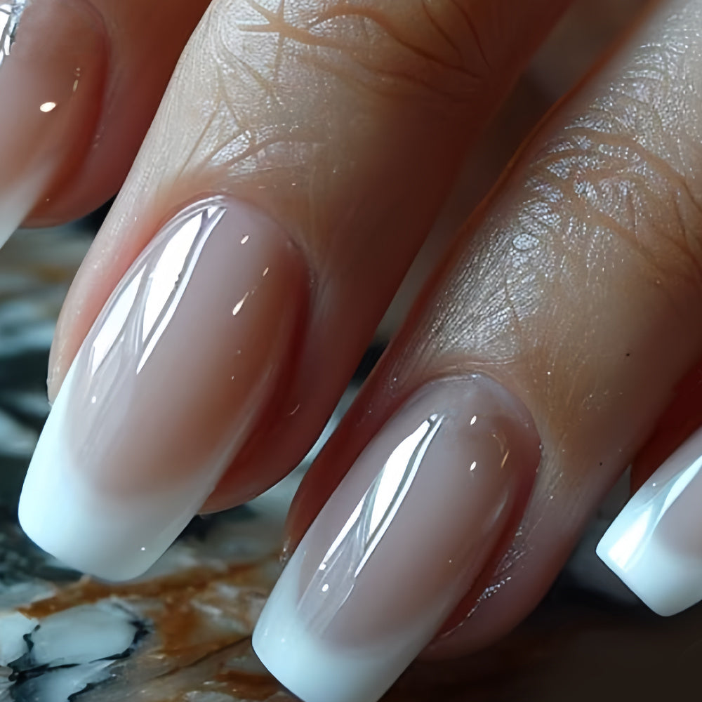 TEMU 24pcs Elegant French Ombre Press-on Nails, Nude & White Gradient, Glossy Finish, Square Shape, Medium Length, Office & Daily Wear, Diy Nail Art