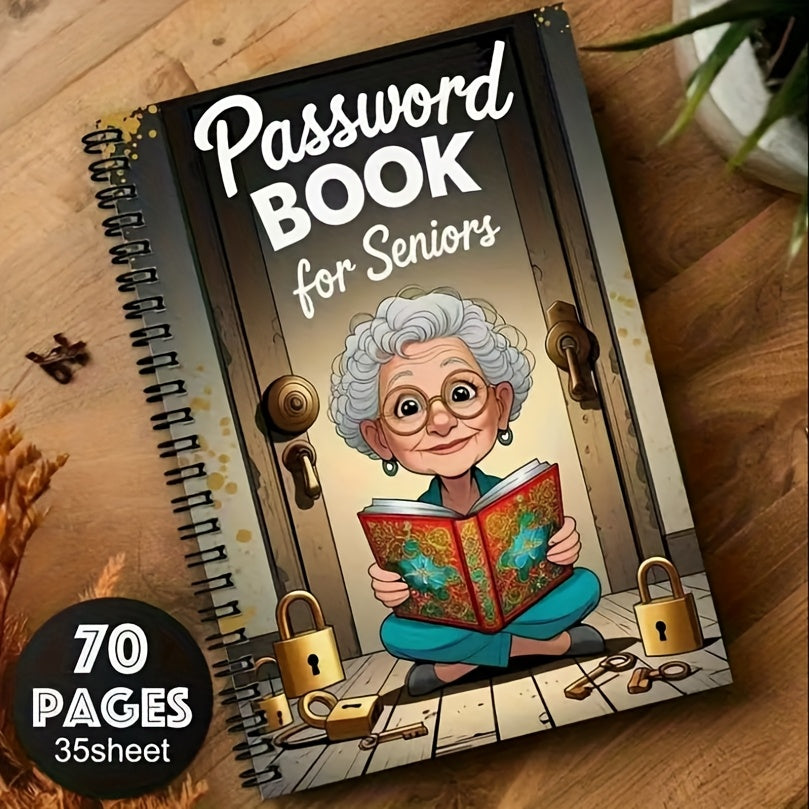 TEMU Cartoon Elderly Woman Spiral Notebook With Design - 70 Pages, Password Book For Seniors, Protects Internet & Usernames, Fun Home Or Office Use,