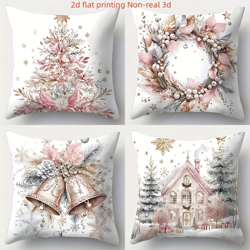 TEMU 2d Flat Printing Non-real 3d, 4pcs. Christmas, Wreath, Christmas Tree, House, Etc. Pattern Pillowcases. Used For Room, Home, Living Room, Sofa