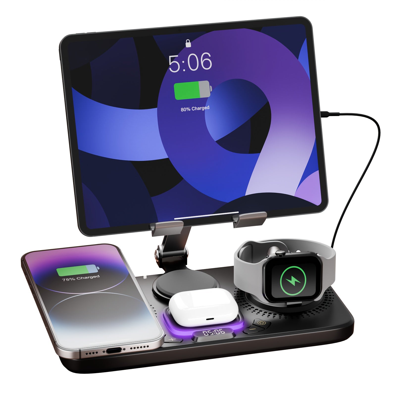 TEMU Wireless Charging Station 6-in-1 For Multiple Devices, 15w Charging Dock With Tablet Stand, For Iphone 17-17 Air 16 15 14 11 8 Plus Pro Max Xs,