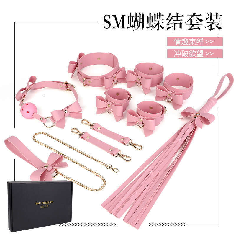 5-piece set of fun SM props set, macaron color butterfly bow, fun collar, women&#039;s binding handcuffs SM whip