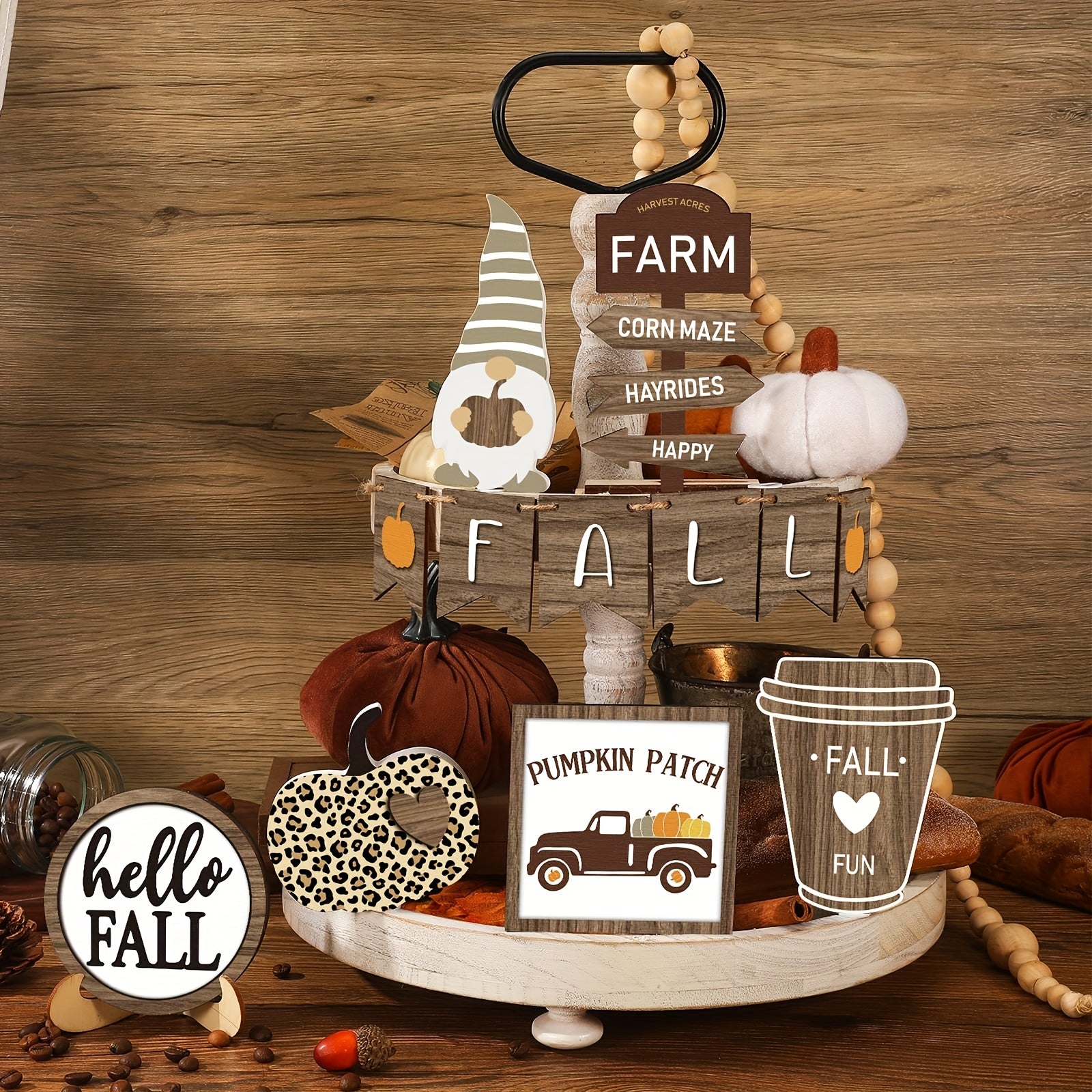 TEMU 12pcs Fall Tiered Tray Decor, Wooden Autumn Signs, Dwarf Pumpkin Truck Text Signboards, Farmhouse Tabletop Decor, Fall, Thanksgiving Table