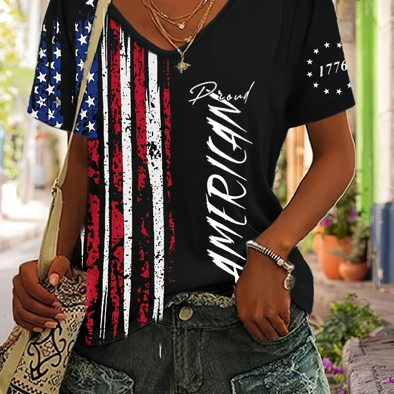 TEMU Women's Patriotic V-neck T-shirt - American With 1776 & "" Print, Casual Short Sleeve Top For , & Casual Attire, Everyday Top | Graphic Tee |