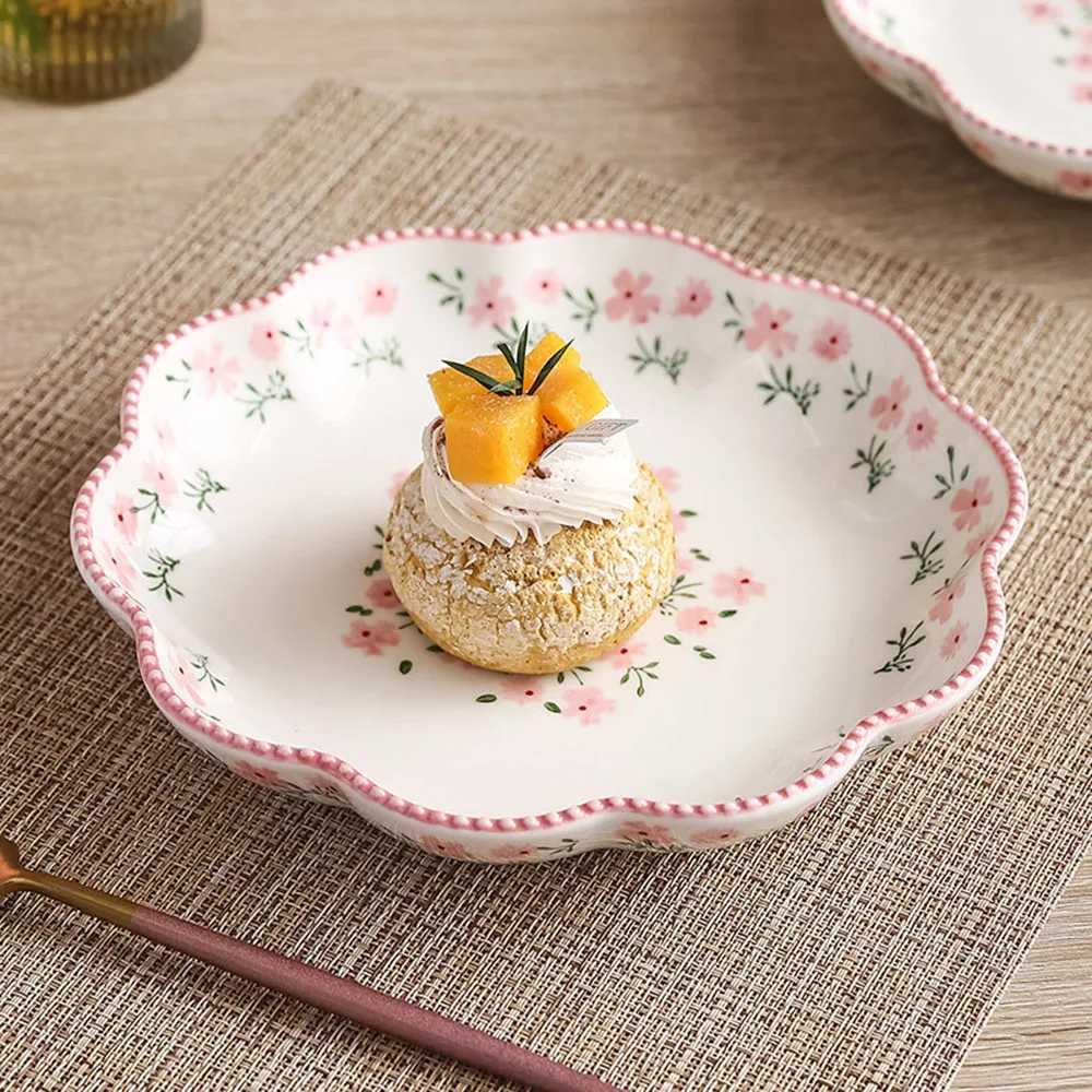 Flower Pattern Ceramic Deep Plate Underglaze Color Fruit Vegetable Salad Tray Pasta Soup Dinner Platter Snack Dessert DishXJ250924