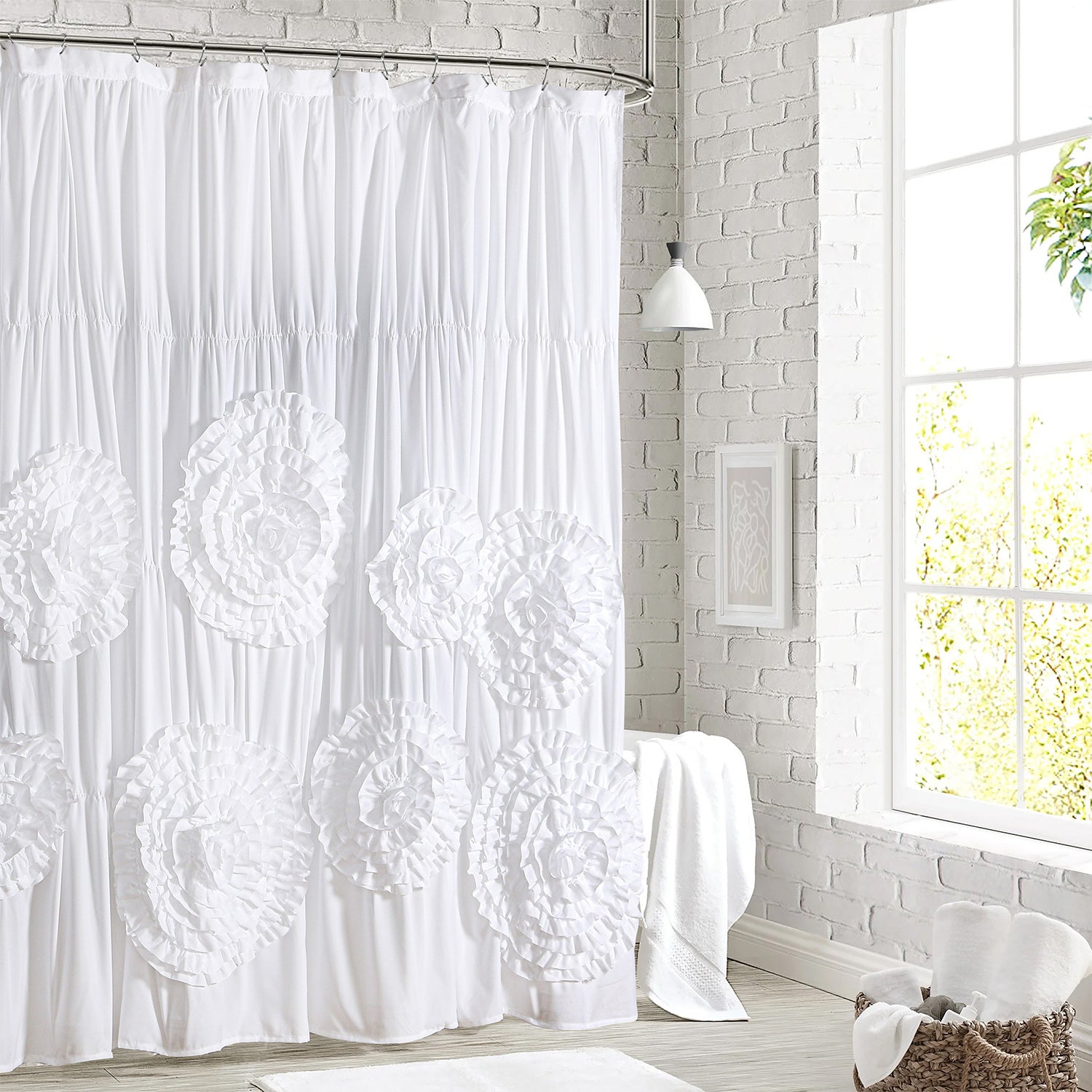 TEMU Farmhouse Ruffle Shower Curtain With Handmade 3d Flowers, Vintage Ruched Fabric Shower Curtains For Bathroom, Decorative Luxury Bathroom Curtain
