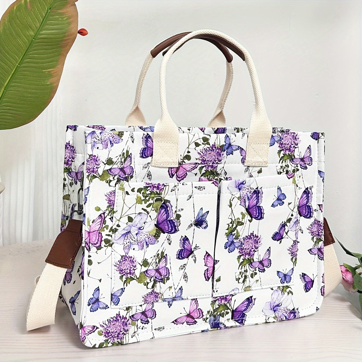 TEMU Tote Bag For Women Canvas Patched Purse Cute Shoulder Bag Multi-pocket Satchel Handbag For Work Books Travel, Bag Only