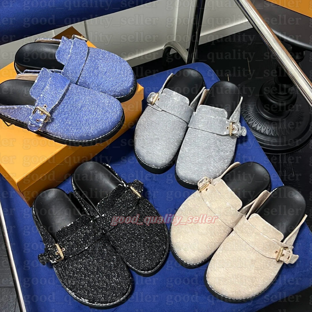 Comfortable clog sandals scuffers Designer Summer Women Male Flat leather mule platform slipper Winter Fashion Denim Printing Leather slide Flip Flo
