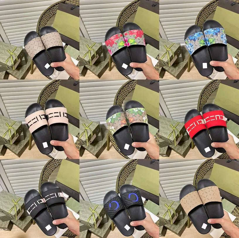 Free shipping Men&#039;s Designers Slides Womens Slippers Fashion Floral Slipper Leather Rubber Flats Sandals Summer Beach Shoes Loafers Gear Bottom