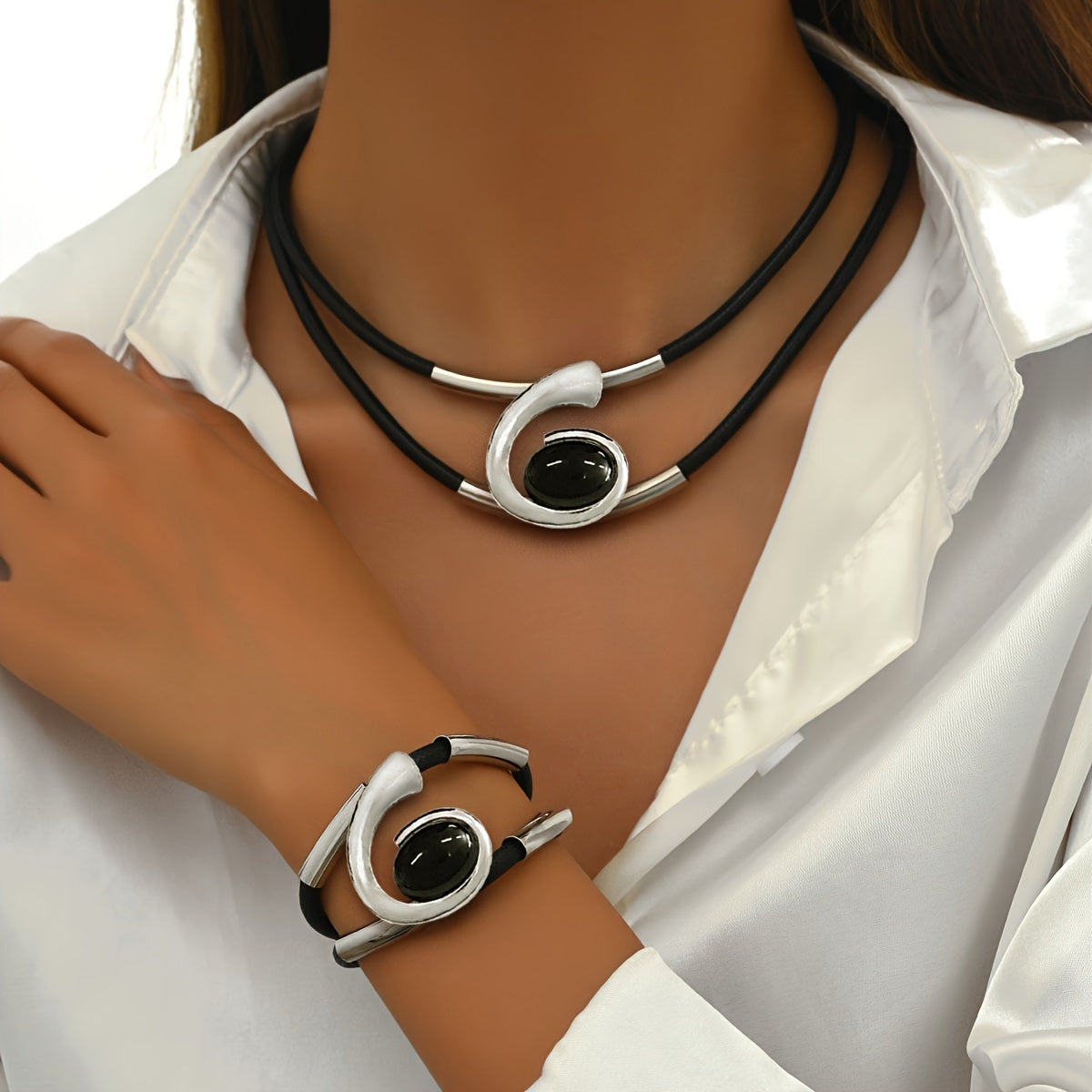 TEMU Women's Fashion 2pcs Jewelry Set - Style Black Resin Geometric Spiral Necklace With Bracelet, Casual Attire Or Parties