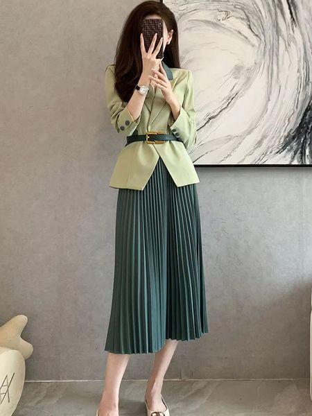 2025 Summer Holiday Women Formal 2 Pieces Sets Korean Office Long Sleeve Blazer Coats Tops Conjuntos Spring Fall Ol High Waist Pleated Skirt