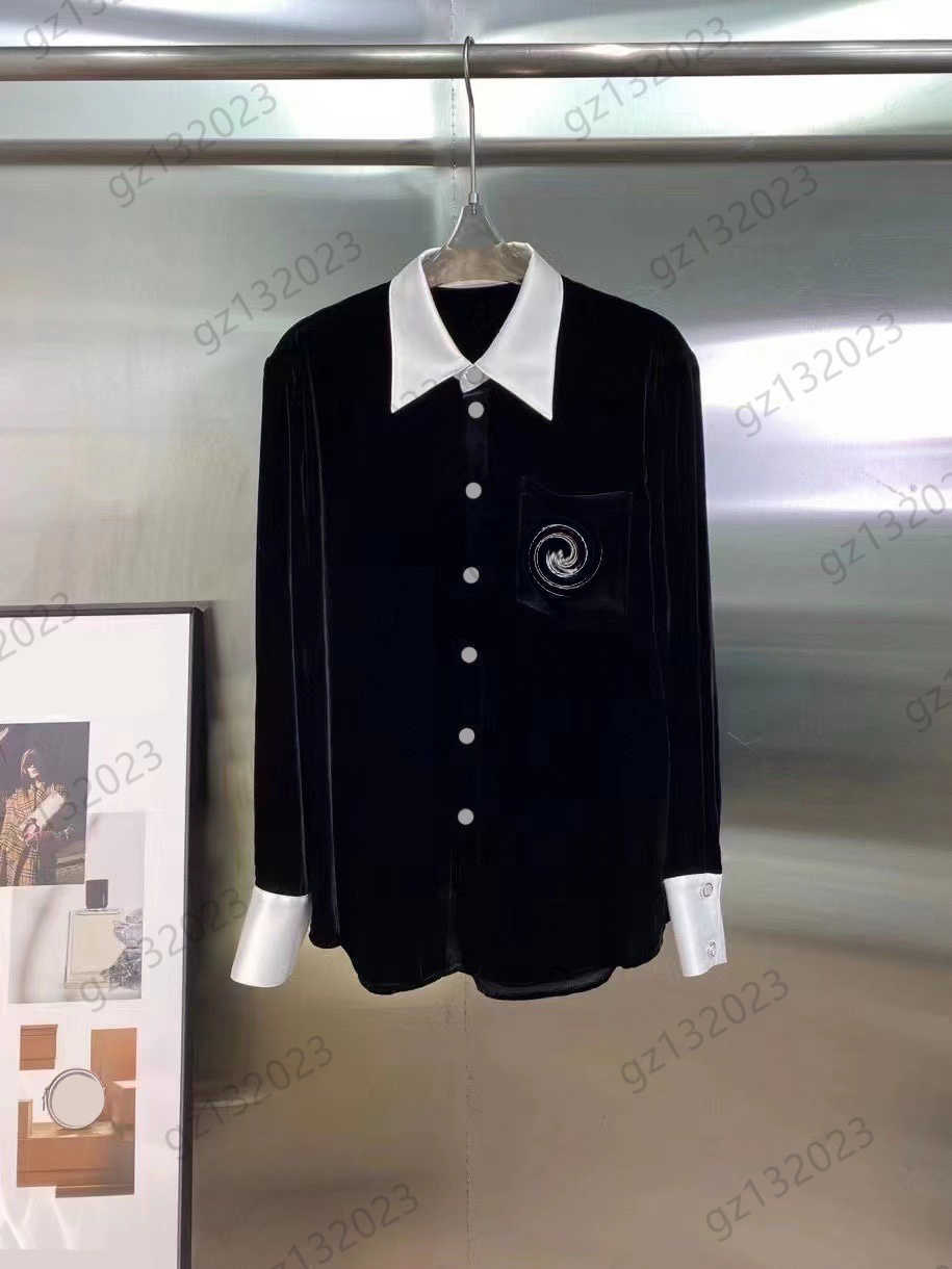 Womens Blouses Tops Velvet Fabric Hot Drill Custom Brooch Brand Blouse Contrast Color Spliced Lapels Button Flap Shirts Fashion Designer Women Cloth