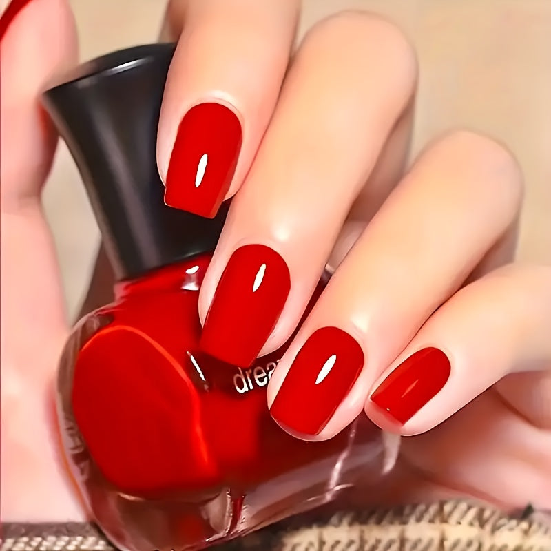 TEMU 24pcs Glossy Press-on Nails - Medium Square Full Cover Solid Red, Long-lasting Glossy Finish For Women, Modern Elegant Manicure For Parties