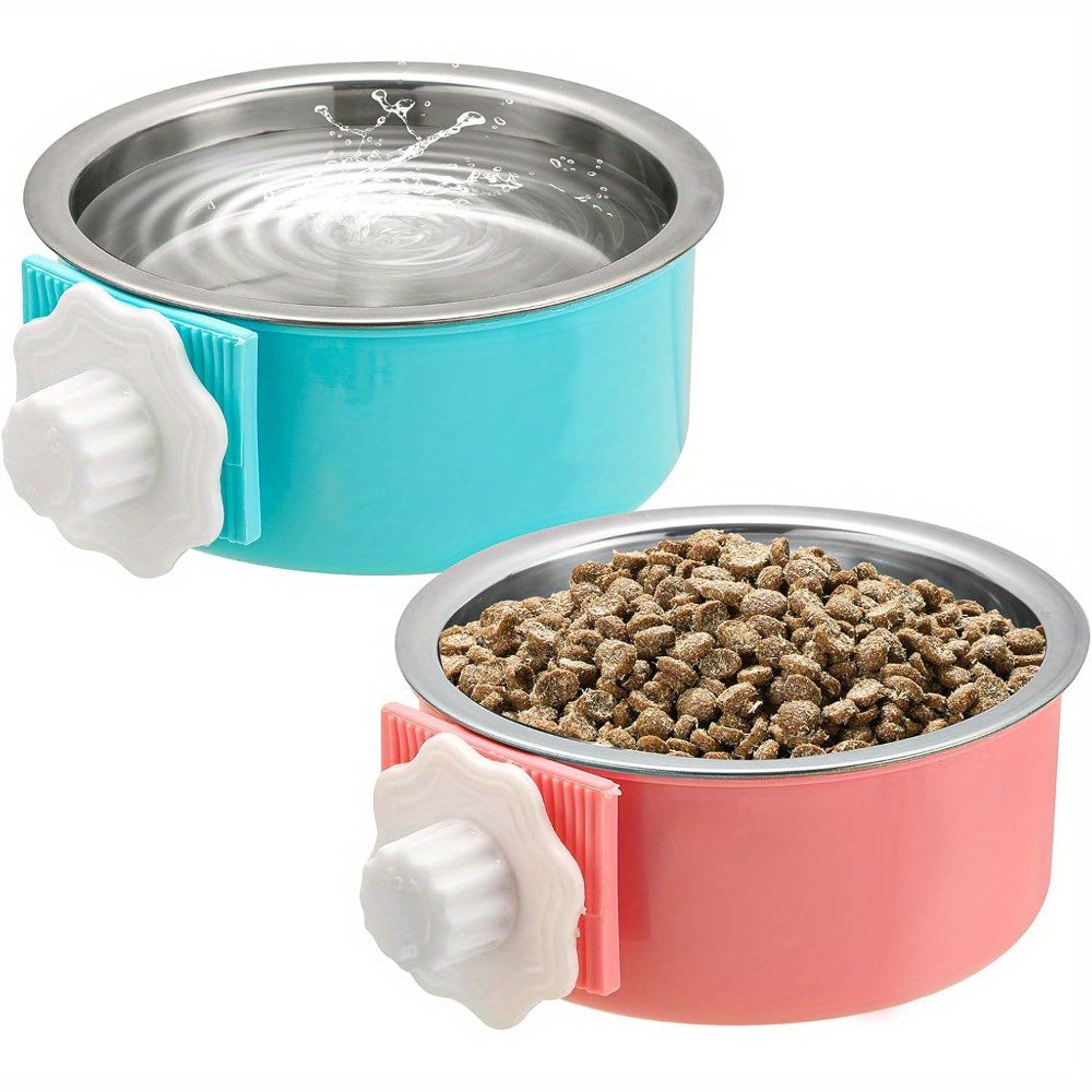 TEMU 2pcs Removable Stainless Steel Hanging Pet Bowls For Crate - Easy & Water Feeder With Non-slip Base, Clamp Holder & Raised For Small Dogs, Cats,