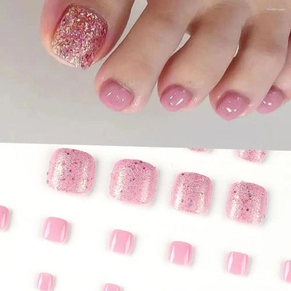False Nails 24pcs French Fake Toenails PInk Glitter Full Cover Short Square Toe Foot Tips For Women Girls