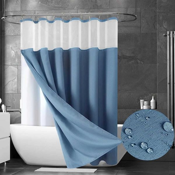 Double Layer Shower Curtain Waterproof Linen Bath Curtain Liner for Bathroom Bathtub Bathing Cover with Silver Metal Hooks Y240815