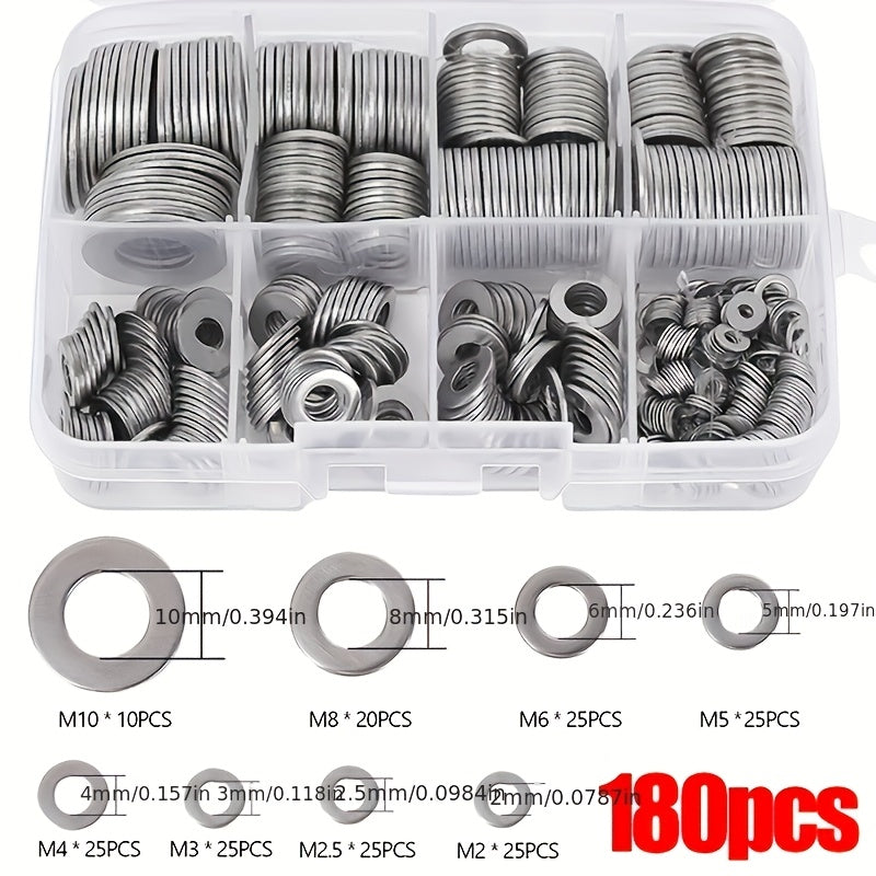TEMU 180pcs Stainless Steel Washer Set, Polished Surface, M2-m10 Size, , Durable Material, Suitable For Diy Projects-mechanical-electronic Products,