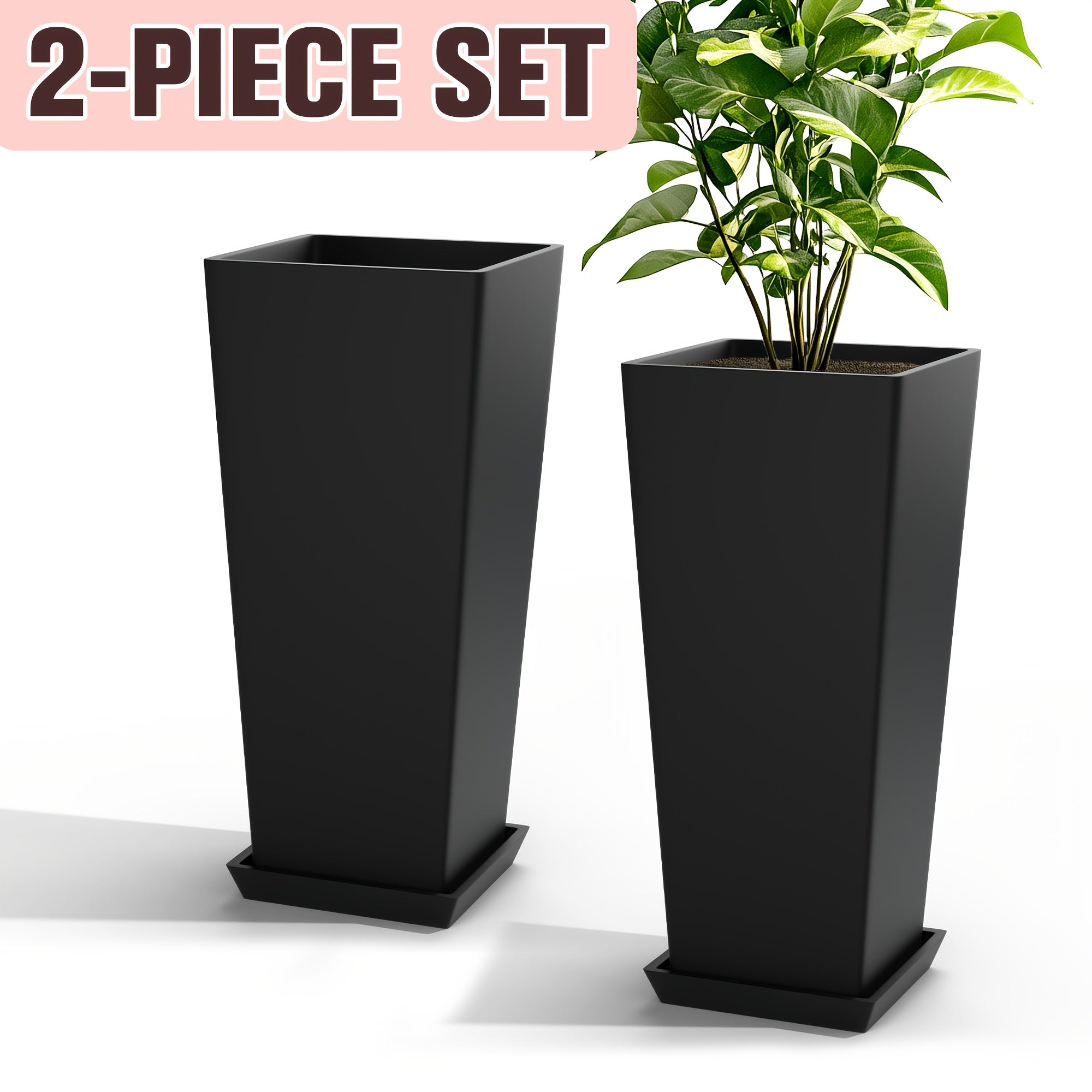 TEMU 2-pack Modern Black Plastic V-shaped Planters, 24" Tall With Drainage Holes & Trays, Weather-resistant Indoor & Outdoor Flower Pots For Home