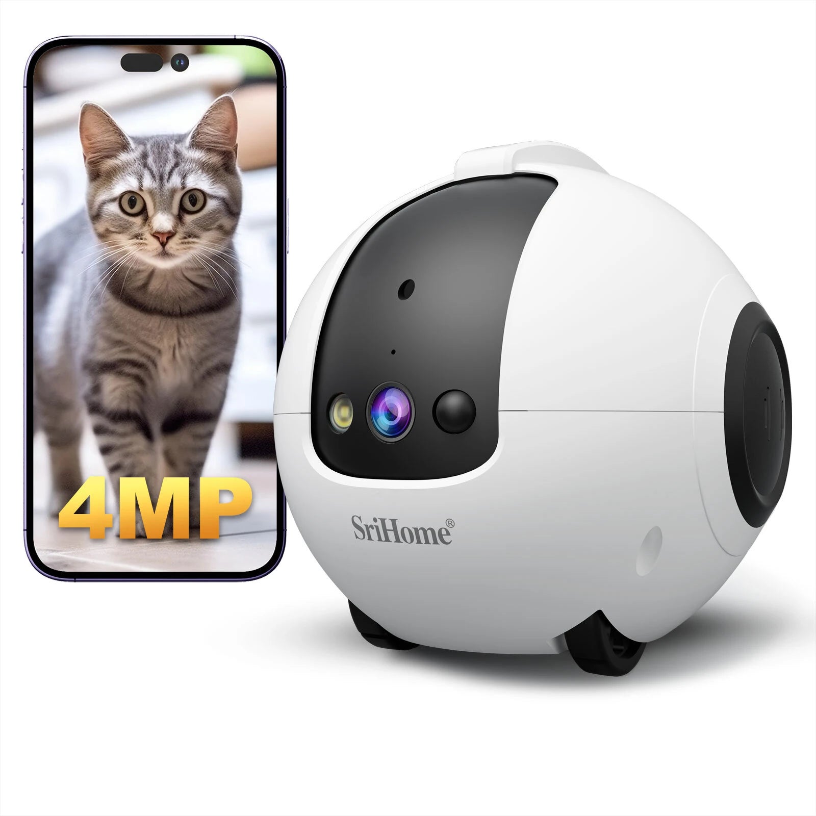 SriHome DH013 4MP HD Smart Pet Camera WiFi Mobile Robot with AI Tracking Auto Recharge 10000mAh Battery Night Vision Two