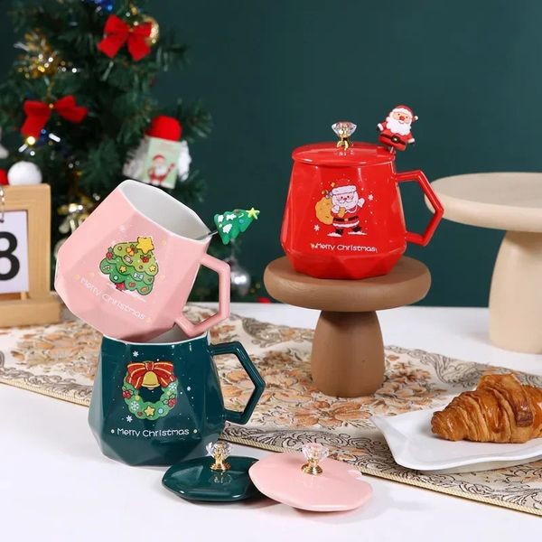 Merry Christmas Ceramic Mugs Santa Claus Elk Water cup Coffee Mug with lid and spoon Milk Tea Cup Creative Christmas Gift 240830