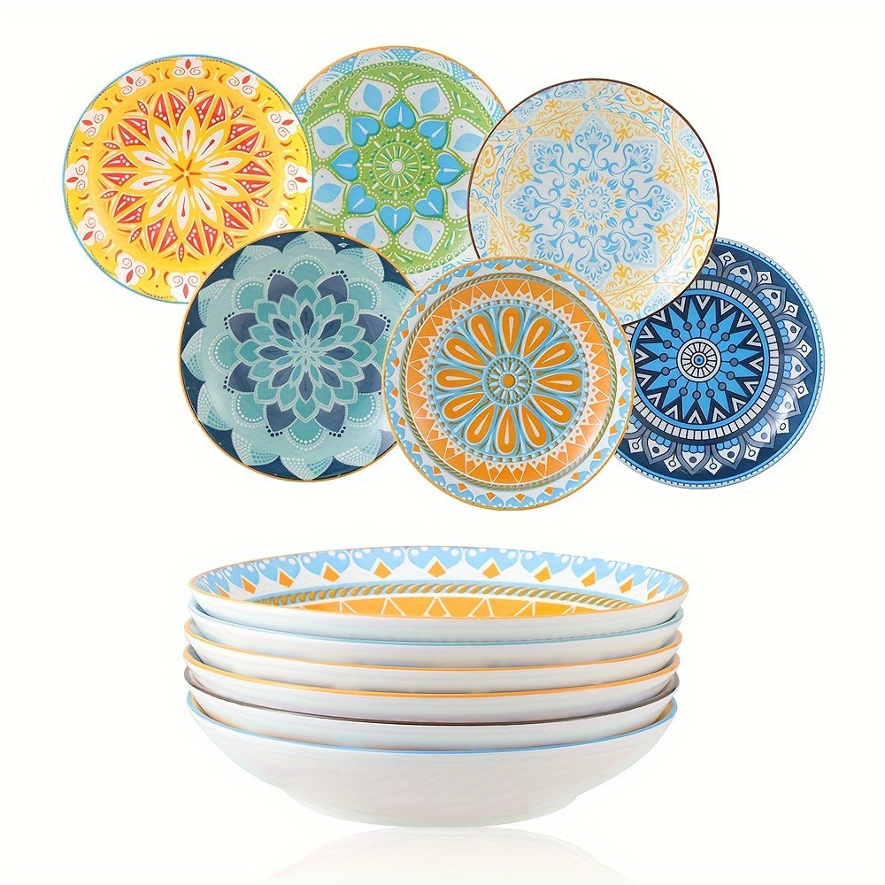 TEMU 6pcs Bohemian Ceramic Pasta Plates Salad Bowls - Decorative Serving Bowls - Wide Shallow Soup Bowl Plate Set - Kitchens And Dining Rooms, And