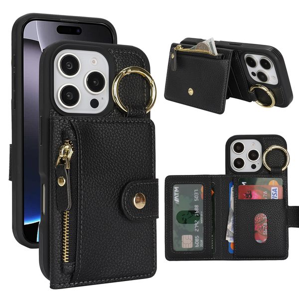 Card Holder Phone Cases for iPhone 16 15 14 13 12 11 Pro Max Ring Hook Dual Folds Zipper Card Pocket Lichee Pattern PU Leather Shockproof Ba