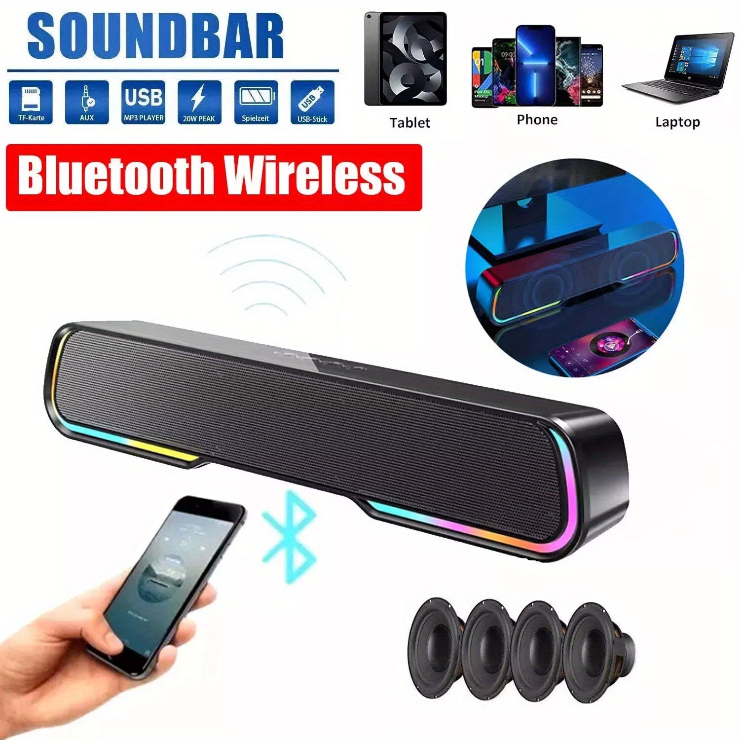 TEMU Soundbar Speaker With Subwoofer For Music , Hifi Stereo Speaker, Home Tv Surround Sound, For Home Theater, Tf-aux-u Disk-tws, Perfect For Gaming