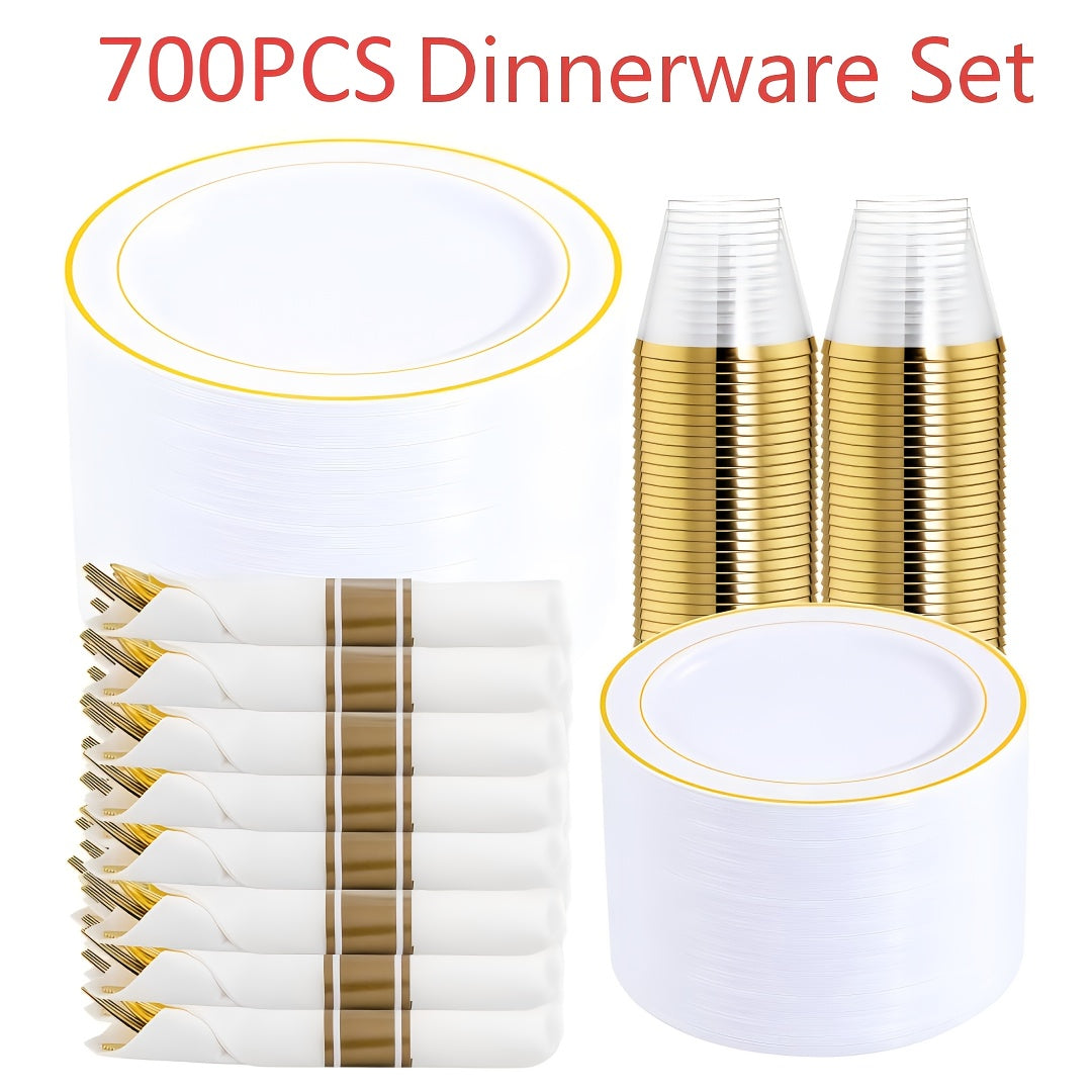 TEMU 700pcs Golden Plastic Plates With Disposable Silverware And Cups :100 Dinner Plates 100 Dessert Plates, 100 Cups 100 , 100 Golden Forks, 100 ,