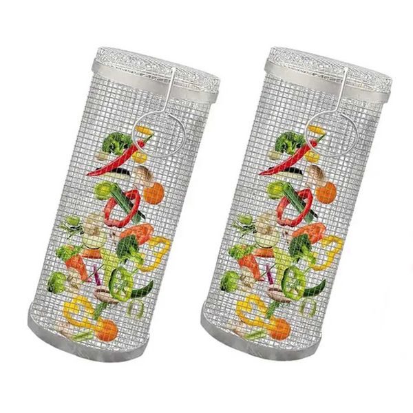2 cylindrical barbecue baskets stainless steel wire mesh baskets cylindrical barbecue baskets large circular barbecue grills picnic kitchen
