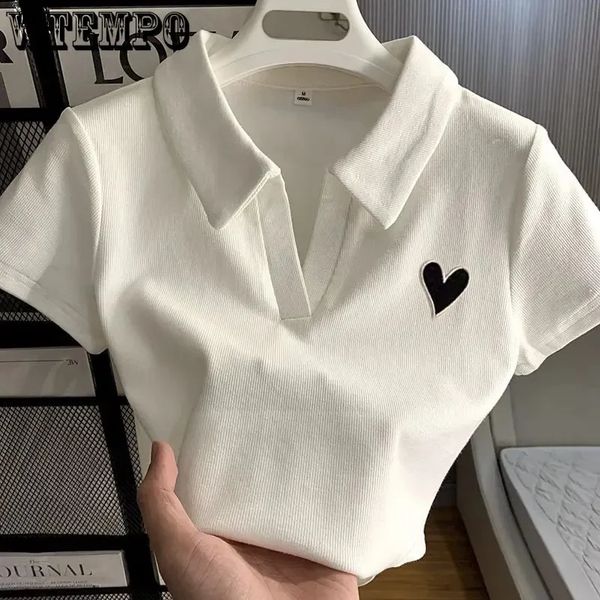 Loves Embroidery T-shirt Polo Collar Orthoshoulder Slim sweet Womens Crop Top Korean Fashion tie Simple Casual Wholesale 240801