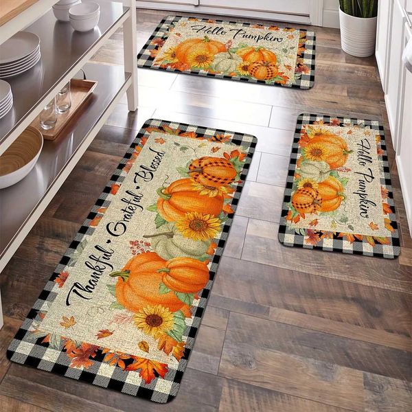 Autumn Pumpkin Maple Leaf Print Kitchen Floor Mat Fall Thanksgiving Rugs Home Decor Dining Room Laundry Room Non-slip CarpetsXJ241101