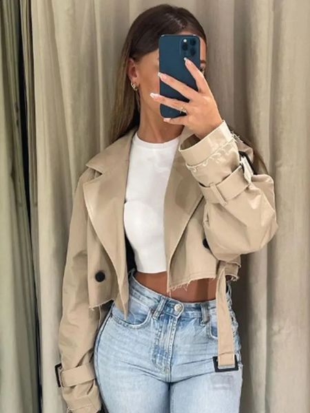 TRAF Belt Cropped Trench Spring Jacket Women Vintage Streetwear Double Breasted Long Sleeve Top Female Coat Outfits 250206