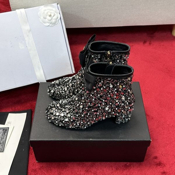 Designer women&#039;s boots Sequin beaded bow Women&#039;s short boots lined with silk sheepskin Women&#039;s ankle boots with glitter