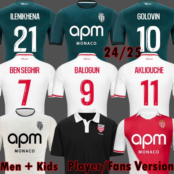 2024 2025 AS Monaco Black Centenary Soccer Jerseys MINAMINO GOLOVIN 24 25 maillot de foot BALOGUN Flocage Men Kids 100 Years Football Shirts