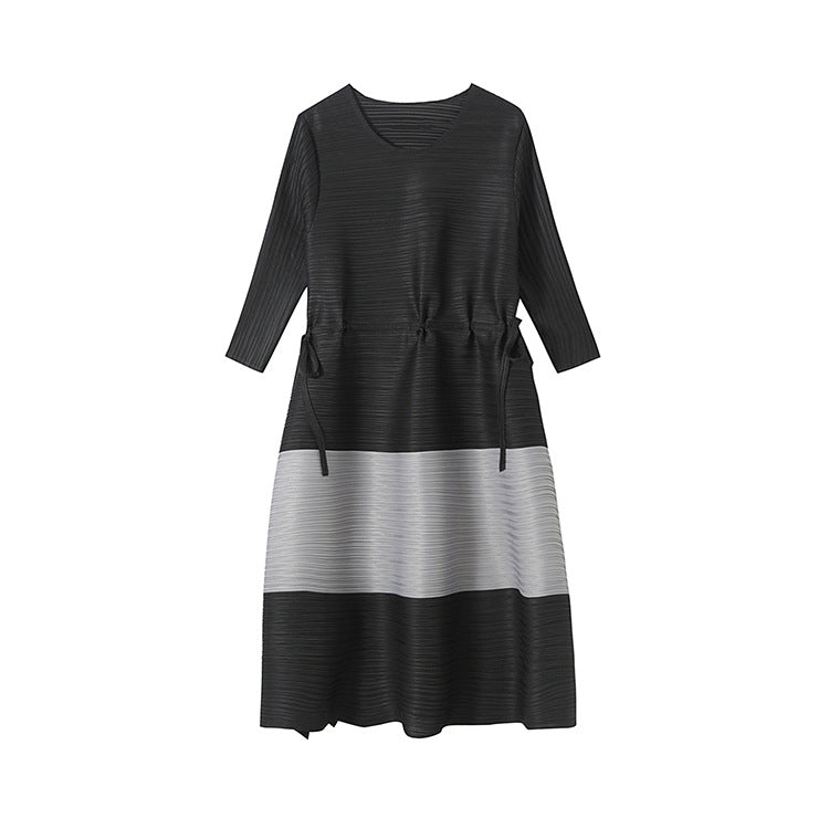 (479) Round neck loose dress with large swing A-line skirt Spring and summer women&#039;s color matching skirt