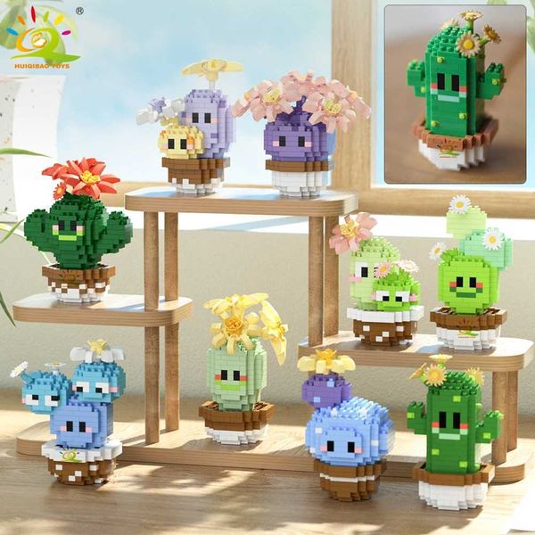 HUIQIBAO Mini MOC Cactus Potted Plant Mini Building Block 3D Diamond Flower Terrace Decoration Model Brick DIY Toy CL240827