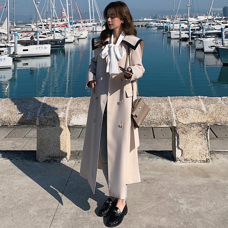 Women&#039;s Trench Coats Women Windbreaker Spring Autumn Section Long Big Size Elegant Ladies Jacket Loose Navy Collar Quality Cotton Coat